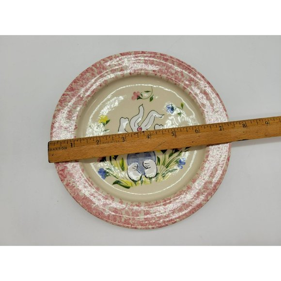 Vintage Happy Bunny Plate Garden White Rabbit Pink Spongeware Handmade Patton - Picture 7 of 8